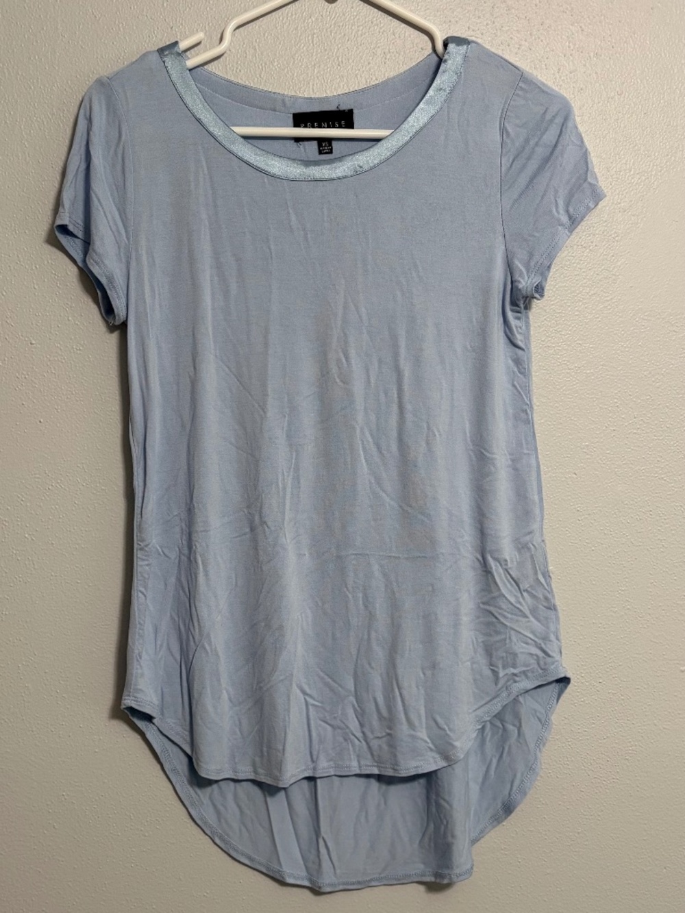 Premise Light Blue Satin Trim High Low Short Sleeve Top XS